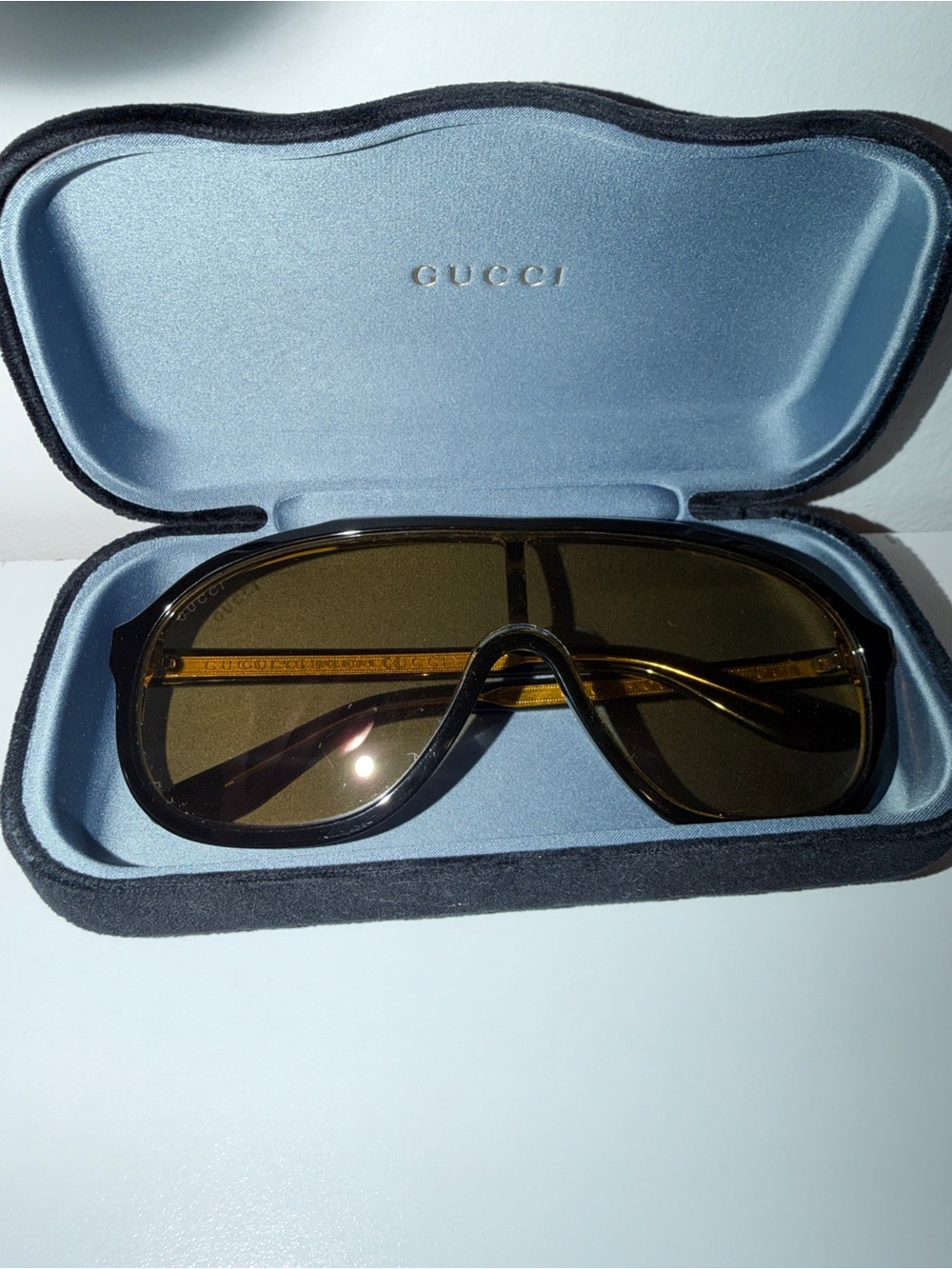 Gucci Black Frame Brown Lens Shield Sunglasses